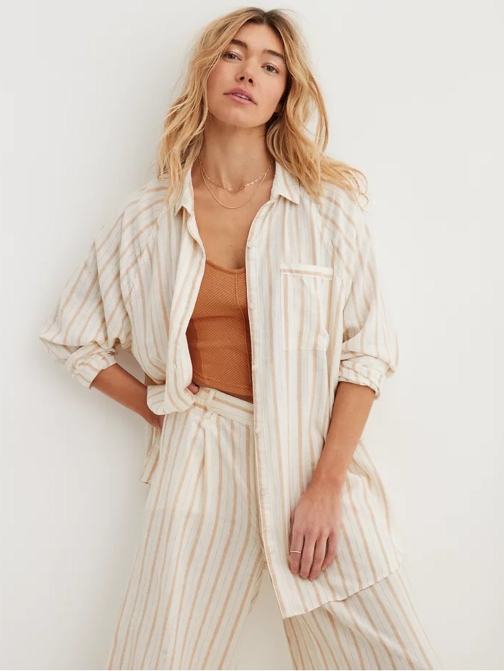 Aerie Striped Linen Blend Buttondown Coverup Shirt